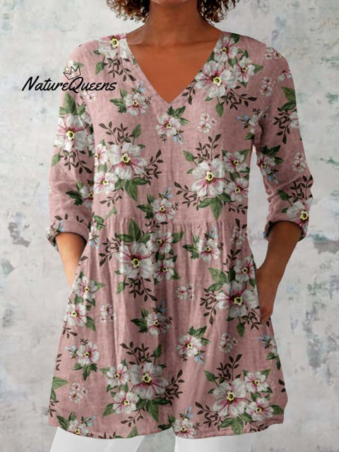 Women's Elegant Floral Pattern Round Neck Cotton and Linen Top