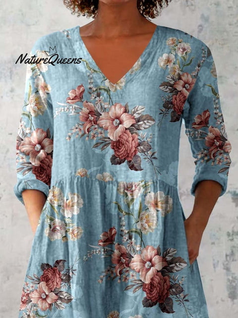 Women's Elegant Floral Pattern Round Neck Cotton and Linen Top