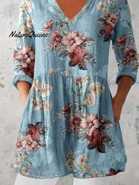 Women's Elegant Floral Pattern Round Neck Cotton and Linen Top