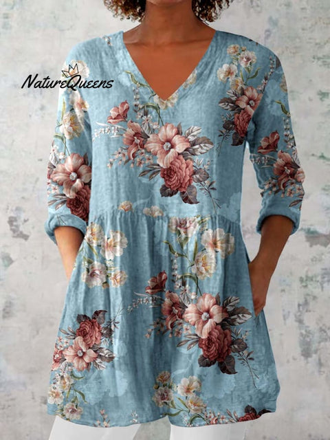 Women's Elegant Floral Pattern Round Neck Cotton and Linen Top