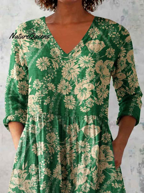 Women's Elegant Floral Pattern Round Neck Cotton and Linen Top