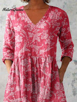 Women's Elegant Floral Pattern Round Neck Cotton and Linen Top