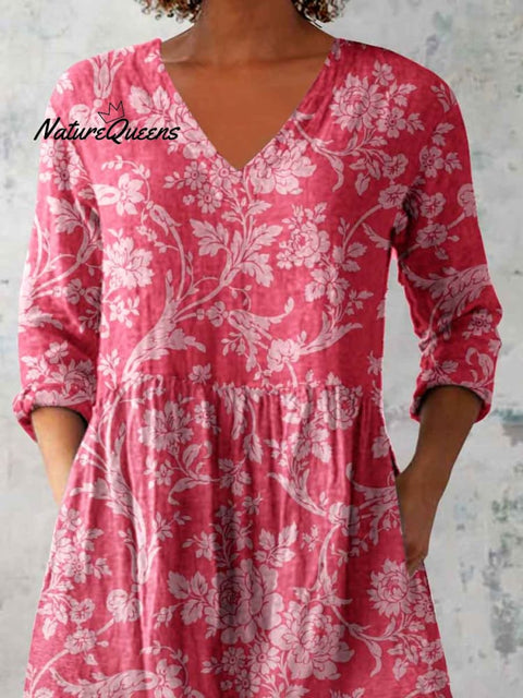 Women's Elegant Floral Pattern Round Neck Cotton and Linen Top