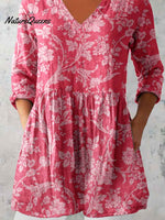 Women's Elegant Floral Pattern Round Neck Cotton and Linen Top