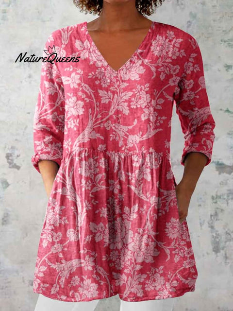 Women's Elegant Floral Pattern Round Neck Cotton and Linen Top