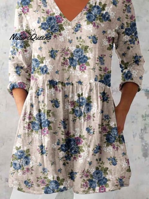 Women's Elegant Floral Pattern Round Neck Cotton and Linen Top