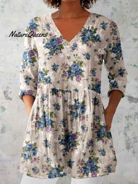 Women's Elegant Floral Pattern Round Neck Cotton and Linen Top