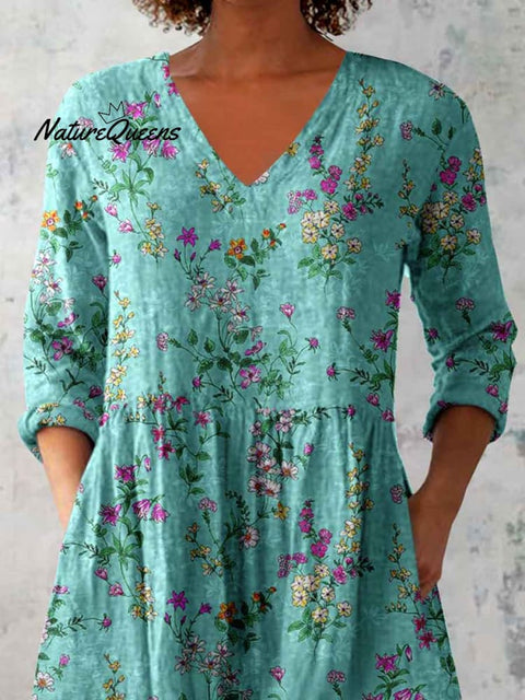 Women's Elegant Floral Pattern Round Neck Cotton and Linen Top