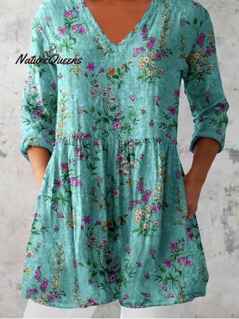 Women's Elegant Floral Pattern Round Neck Cotton and Linen Top