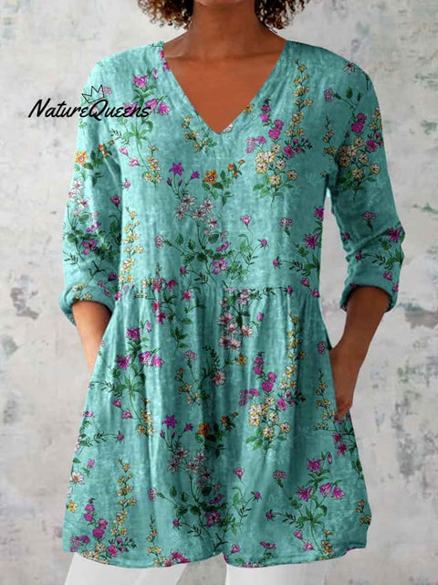 Women's Elegant Floral Pattern Round Neck Cotton and Linen Top