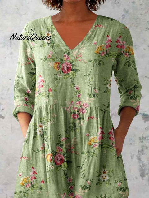 Women's Elegant Floral Pattern Round Neck Cotton and Linen Top