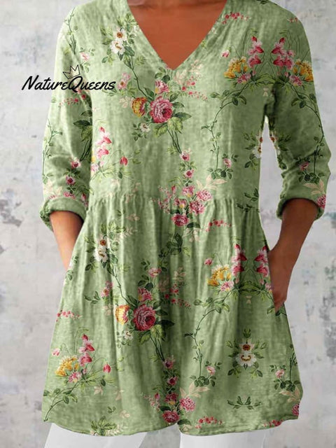 Women's Elegant Floral Pattern Round Neck Cotton and Linen Top