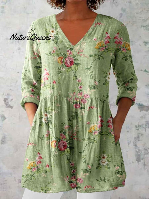 Women's Elegant Floral Pattern Round Neck Cotton and Linen Top