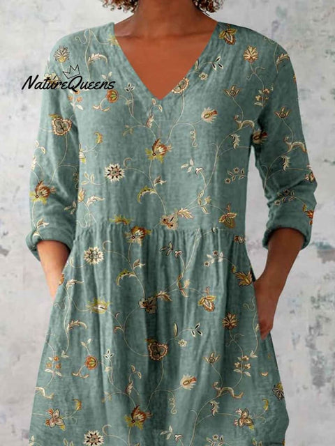 Women's Elegant Floral Pattern Round Neck Cotton and Linen Top