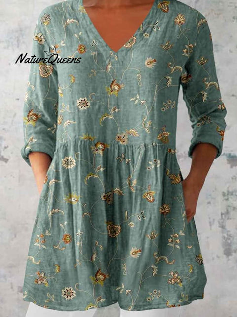 Women's Elegant Floral Pattern Round Neck Cotton and Linen Top