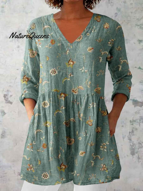 Women's Elegant Floral Pattern Round Neck Cotton and Linen Top