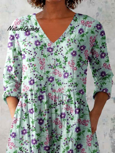 Women's Elegant Floral Pattern Round Neck Cotton and Linen Top