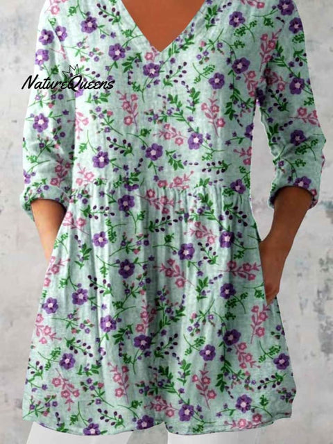 Women's Elegant Floral Pattern Round Neck Cotton and Linen Top