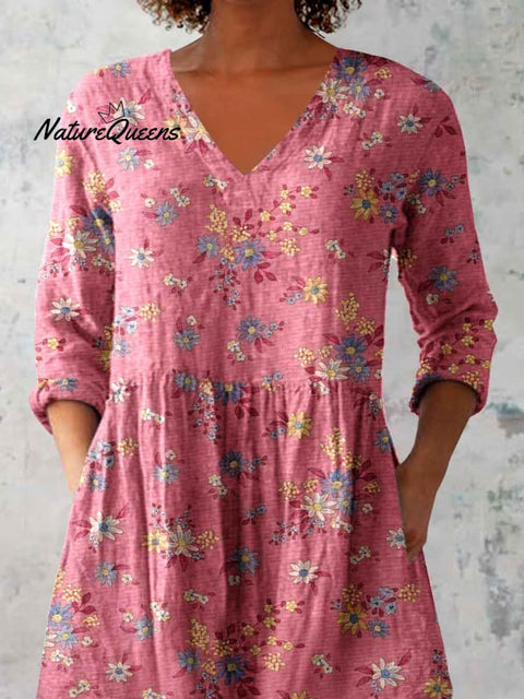 Women's Elegant Floral Pattern Round Neck Cotton and Linen Top