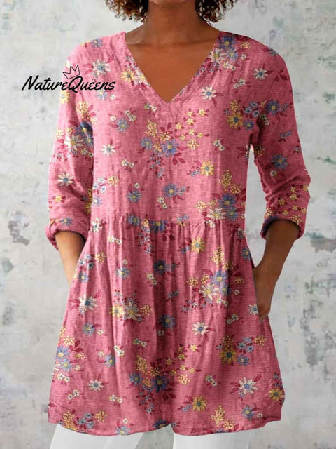 Women's Elegant Floral Pattern Round Neck Cotton and Linen Top