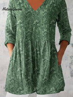 Women's Elegant Floral Pattern Round Neck Cotton and Linen Top