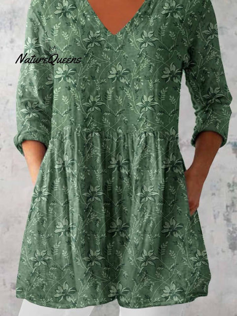 Women's Elegant Floral Pattern Round Neck Cotton and Linen Top