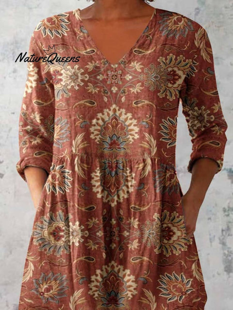 Women's Elegant Floral Pattern Round Neck Cotton and Linen Top