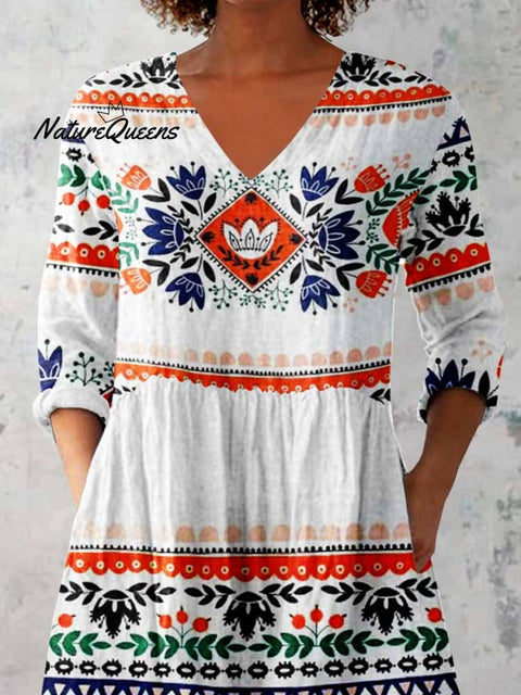 Women's Elegant Geometric Pattern Round Neck Cotton and Linen Top