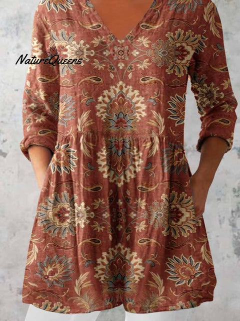 Women's Elegant Floral Pattern Round Neck Cotton and Linen Top