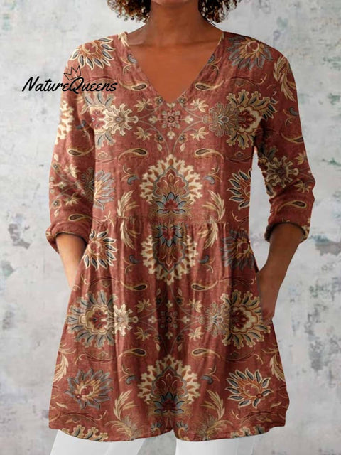 Women's Elegant Floral Pattern Round Neck Cotton and Linen Top