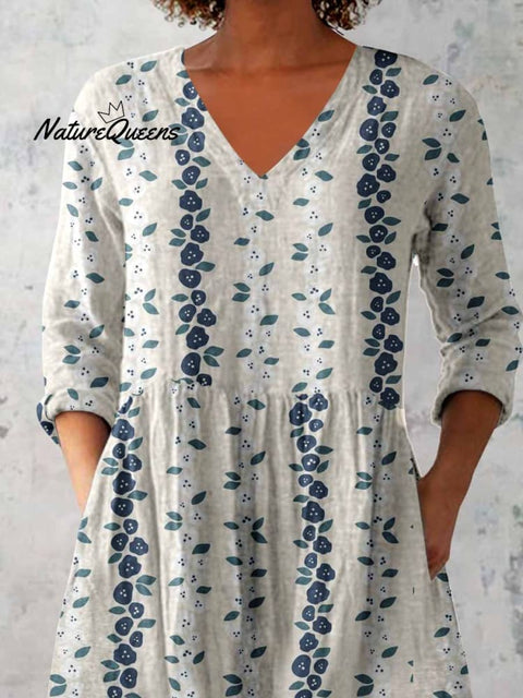 Women's Elegant Floral Pattern Round Neck Cotton and Linen Top