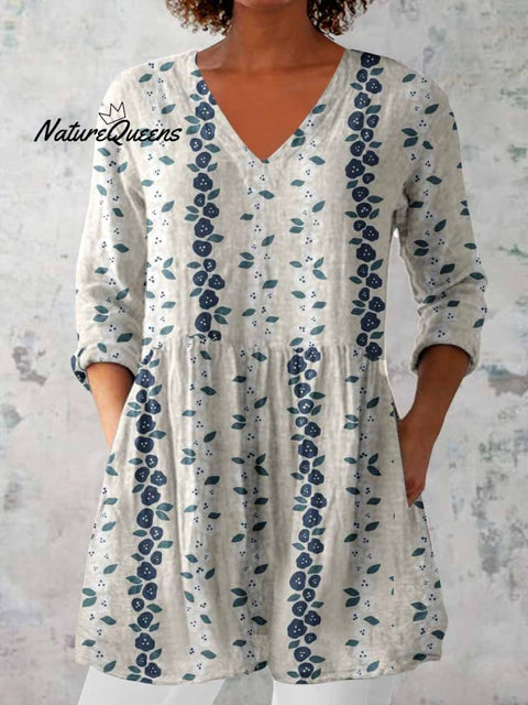 Women's Elegant Floral Pattern Round Neck Cotton and Linen Top