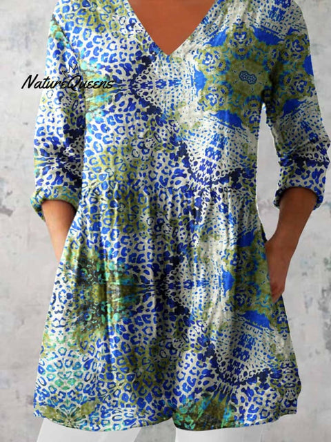 Women's Elegant Floral Pattern Round Neck Cotton and Linen Top