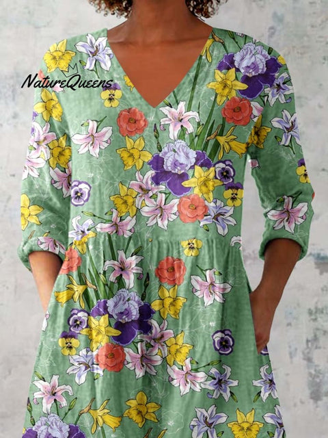 Women's Elegant Floral Pattern Round Neck Cotton and Linen Top