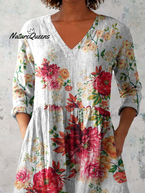 Women's Elegant Floral Pattern Round Neck Cotton and Linen Top