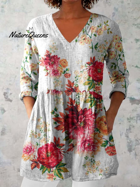 Women's Elegant Floral Pattern Round Neck Cotton and Linen Top