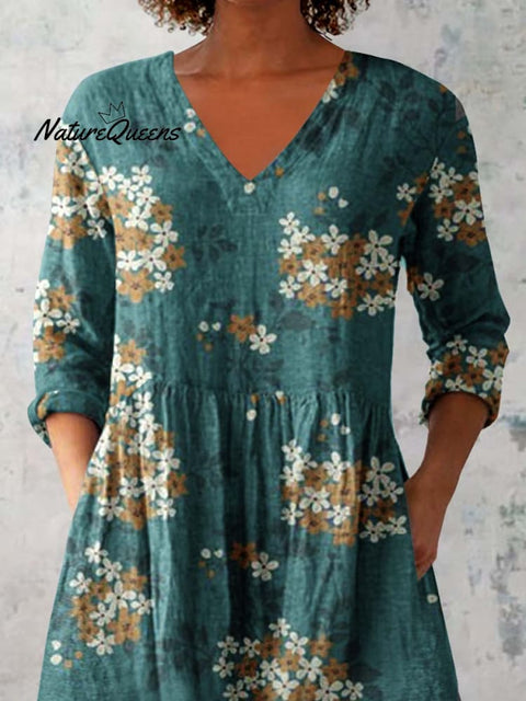 Women's Elegant Floral Pattern Round Neck Cotton and Linen Top