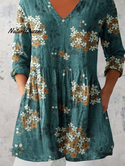 Women's Elegant Floral Pattern Round Neck Cotton and Linen Top