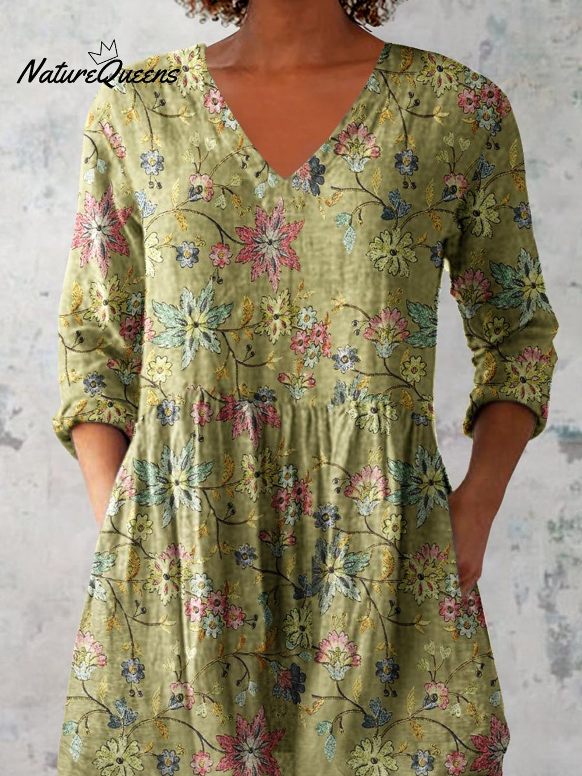 Women's Elegant Floral Pattern Round Neck Cotton and Linen Top