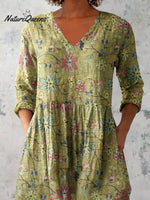 Women's Elegant Floral Pattern Round Neck Cotton and Linen Top