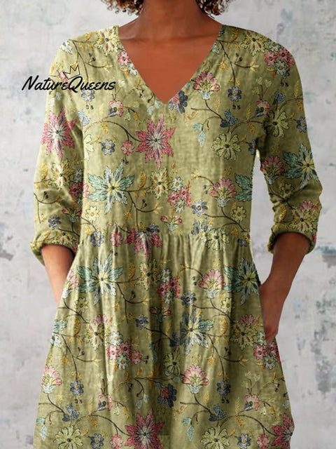 Women's Elegant Floral Pattern Round Neck Cotton and Linen Top