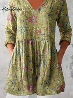 Women's Elegant Floral Pattern Round Neck Cotton and Linen Top