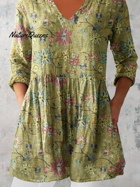 Women's Elegant Floral Pattern Round Neck Cotton and Linen Top