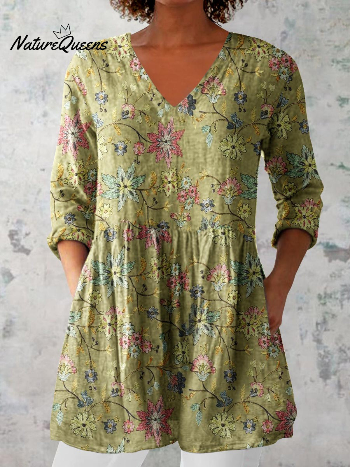 Women's Elegant Floral Pattern Round Neck Cotton and Linen Top