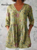 Women's Elegant Floral Pattern Round Neck Cotton and Linen Top