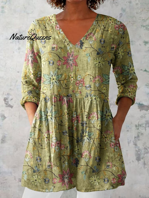 Women's Elegant Floral Pattern Round Neck Cotton and Linen Top