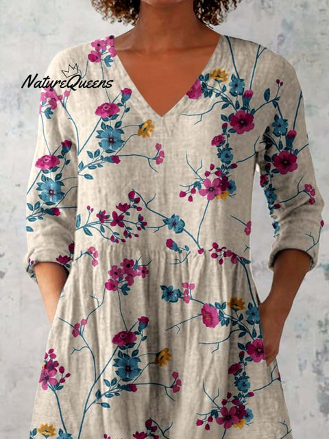 Women's Classic Round Neck Floral Pattern Cotton and Linen Top