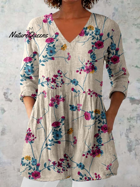 Women's Classic Round Neck Floral Pattern Cotton and Linen Top