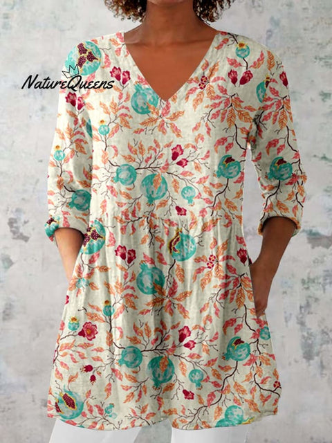 Women's Classic Round Neck Floral Pattern Cotton and Linen Top