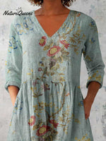 Women's Classic Round Neck Floral Pattern Cotton and Linen Top